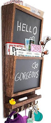 Rustic 2-Slot Mail Sorter Organizer for Wall with Chalkboard Surface & 3 Double Key Hooks