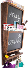 Rustic 2-Slot Mail Sorter Organizer for Wall with Chalkboard Surface & 3 Double Key Hooks