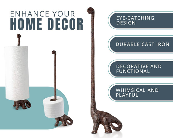 Comfify Paper Towel Holder or Free Standing Toilet Paper Holder - Cast Iron Dinosaur Paper Holder - Bathroom Holder or Stand Up Paper Towel Holder - Rustic Brown w/Vintage Finish