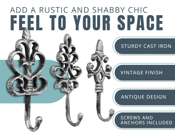 Comfify Shabby Chic Decorative Wall Hooks - Set of 3 - Cast Iron French Country Wall Decor - Farmhouse Hangers for Coats, Purses and More - Silver with Black