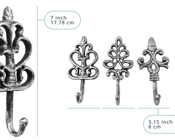Comfify Shabby Chic Decorative Wall Hooks - Set of 3 - Cast Iron French Country Wall Decor - Farmhouse Hangers for Coats, Purses and More - Silver with Black