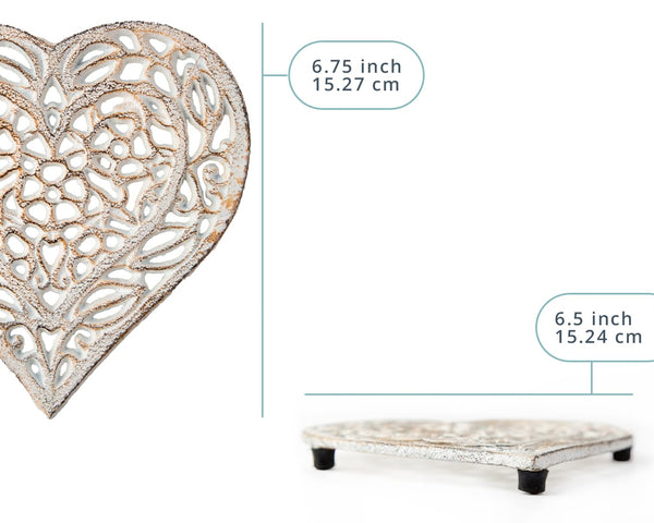 Comfify Cast Iron Heart Trivet – Decorative Rustic White Kitchen Trivet with Rubber Pegs