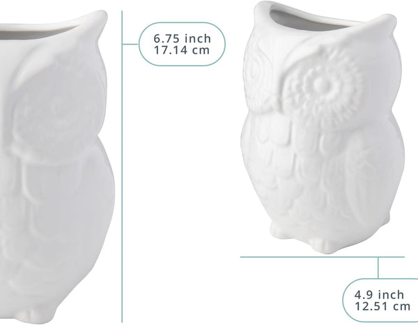 Owl Utensil Holder Decorative Ceramic Cookware Crock & Organizer, in Lovely White Color - Utensil Shaped Caddy and Perfect Kitchen Ceramic Decor Gift for Countertop - 5” x 7” x 4” Size – back view – Comfify