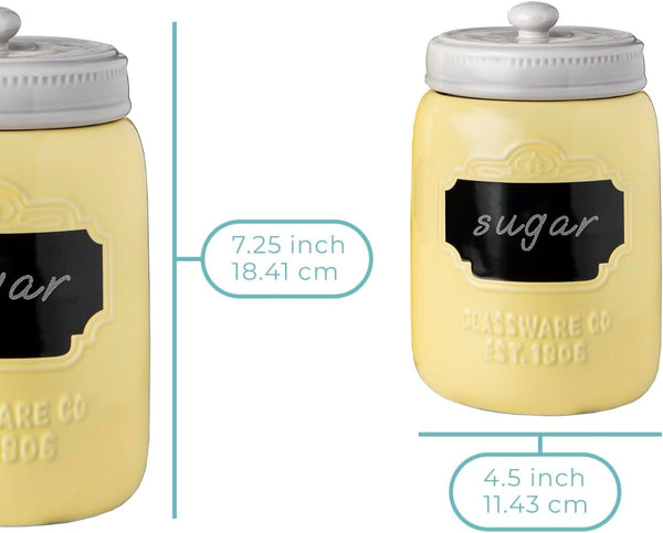 Mason Jar Ceramic Canister Set for Kitchen - Set of 3 Decorative Storage Containers with Air-Tight Lids for Coffee, Sugar - Country Style Storage w/Reusable Writable Surface - 12.85oz/Canister – packaging view – Comfify