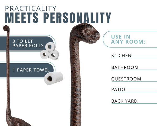 Comfify Paper Towel Holder or Free Standing Toilet Paper Holder - Cast Iron Dinosaur Paper Holder - Bathroom Holder or Stand Up Paper Towel Holder - Rustic Brown w/Vintage Finish