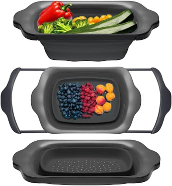 Over-the-Sink Colander with Handles – Sleek Plastic Black Kitchen Strainer for Pasta, Vegetables & Fruits – front view – Comfify