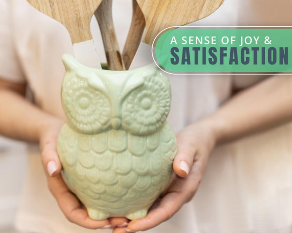 Owl Utensil Holder Decorative Ceramic Cookware Crock & Organizer, in Lovely Green Color - Utensil Caddy and Perfect Kitchen Ceramic Decor Gift - 5” x 7” x 4” Size – packaging view – Comfify