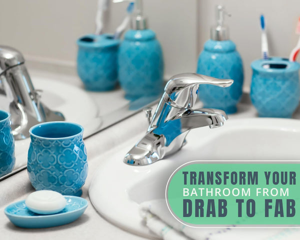 4-Piece Bathroom Accessory Set - Ceramic Bath Set with Blue Glossy Finish - Modern Vanity Accessories Including Soap Dish, Tumbler, and Toothbrush Holder – alternate angle – Comfify