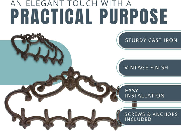 Cast Iron Wall Mounted Hanger – Vintage Design with 5 Hooks for Keys, Towels, Robes, and Clothes – side angle – Comfify