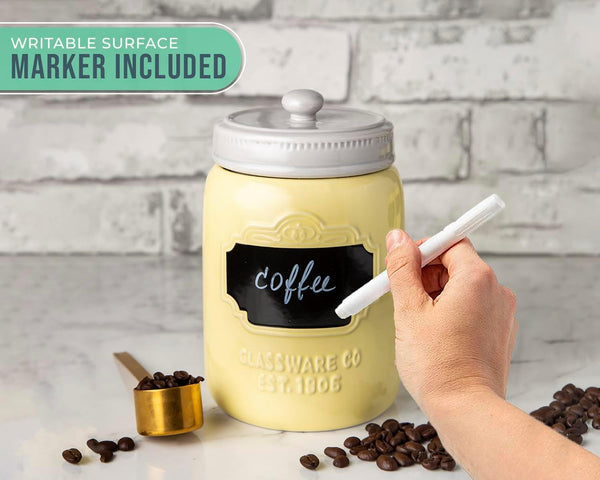 Mason Jar Ceramic Canister Set for Kitchen - Set of 3 Decorative Storage Containers with Air-Tight Lids for Coffee, Sugar - Country Style Storage w/Reusable Writable Surface - 12.85oz/Canister – lifestyle in kitchen – Comfify