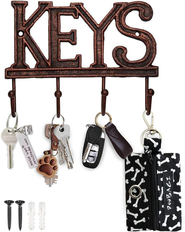 Key Holder for Wall - Decorative Farmhouse Rustic Wall Mount Key Organizer with 4 Hooks - Vintage Cast Iron Key Rack with Screws and Anchors – 6x8 - Copper with Black – front view – Comfify