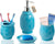 4-Piece Bathroom Accessory Set - Ceramic Bath Set with Blue Glossy Finish - Modern Vanity Accessories Including Soap Dish, Tumbler, and Toothbrush Holder – front view – Comfify