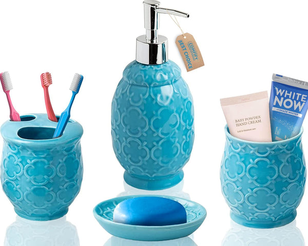 4-Piece Bathroom Accessory Set - Ceramic Bath Set with Blue Glossy Finish - Modern Vanity Accessories Including Soap Dish, Tumbler, and Toothbrush Holder – front view – Comfify