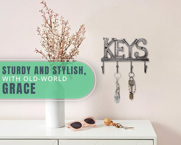 Key Holder for Wall - Decorative Farmhouse Rustic Wall Mount Key Organizer with 4 Hooks - Vintage Cast Iron Key Rack with Screws and Anchors – 6x8 - Gray – lifestyle in living room – Comfify