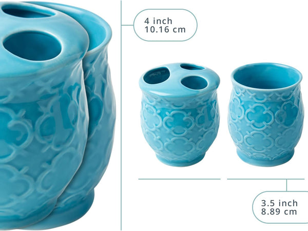 4-Piece Bathroom Accessory Set - Ceramic Bath Set with Blue Glossy Finish - Modern Vanity Accessories Including Soap Dish, Tumbler, and Toothbrush Holder – detail close-up – Comfify