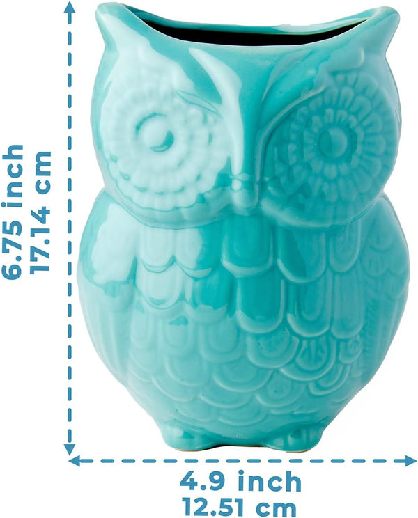 Owl Utensil Holder Decorative Ceramic Cookware Crock & Organizer, in Lovely Aqua Blue Color - Utensil Shaped Caddy and Perfect Kitchen Ceramic Decor Gift for Countertop - 5” x 7” x 4” Size – detail close-up – Comfify