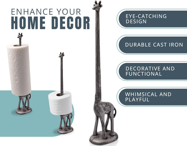 Giraffe Paper Towel Holder for Kitchen or Decorative Toilet Paper Stand for Bathroom - Unique Antique, Vintage, Whimsical Animal Design Roll Dispenser for Home Decor - Silver With Black – lifestyle in bathroom – Comfify