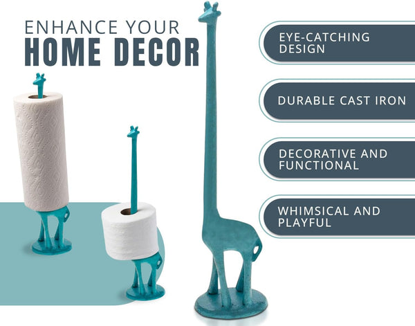 Giraffe Paper Towel Holder for Kitchen or Decorative Toilet Paper Stand for Bathroom - Unique Antique, Vintage, Whimsical Animal Design Roll Dispenser for Home Decor - Rustic Blue – side angle – Comfify