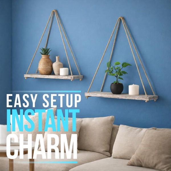 Hanging Shelves for Wall - Set of 2 – Rustic Farmhouse Boho Shelves with String – detail close-up – Comfify