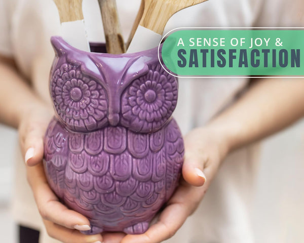 Owl Utensil Holder Decorative Ceramic Cookware Crock & Organizer, in Lovely Purple Color - Utensil Caddy and Perfect Kitchen Ceramic Decor Gift - 5” x 7” x 4” Compact & Cute – packaging view – Comfify