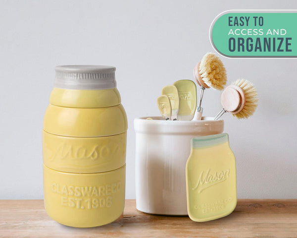 Mason Jar Kitchenware Set – Yellow Ceramic Decor with 4 Measuring Cups, 4 Measuring Spoons, Spoon Rest – lifestyle in kitchen – Comfify