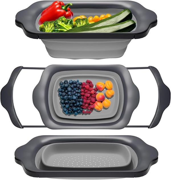 XL Large Kitchen Strainer - Collapsible Silicone Over-The-Sink Colander with Extendable Handles - Use with Pasta, Fruit, Berries & Veggie - 6 Quart - Gray – front view – Comfify