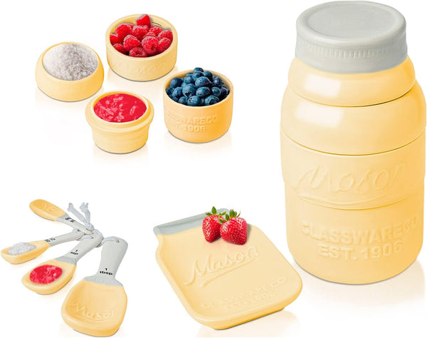 Mason Jar Kitchenware Set – Yellow Ceramic Decor with 4 Measuring Cups, 4 Measuring Spoons, Spoon Rest – front view – Comfify
