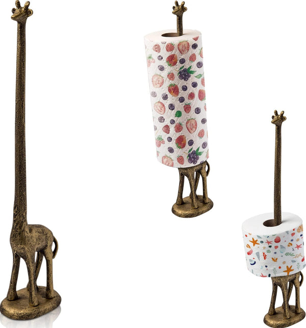 Giraffe Paper Towel Holder for Kitchen or Decorative Toilet Paper Stand for Bathroom - Unique Antique, Vintage, Whimsical Animal Design Roll Dispenser for Home Decor - Gold With Black – front view – Comfify