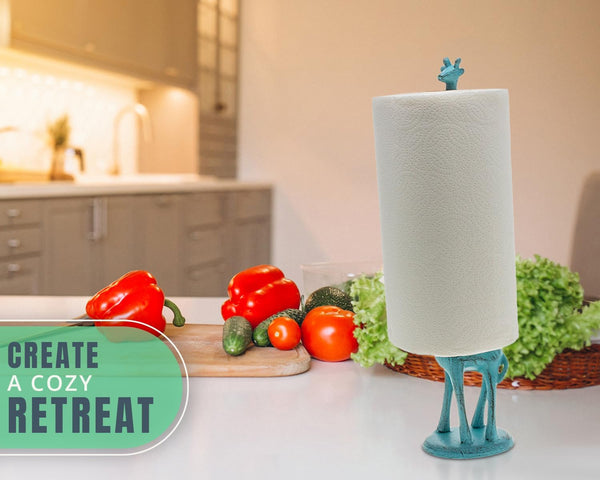 Giraffe Paper Towel Holder for Kitchen or Decorative Toilet Paper Stand for Bathroom - Unique Antique, Vintage, Whimsical Animal Design Roll Dispenser for Home Decor - Rustic Blue – packaging view – Comfify