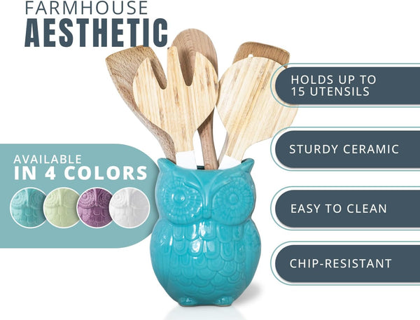 Owl Utensil Holder Decorative Ceramic Cookware Crock & Organizer, in Lovely Aqua Blue Color - Utensil Shaped Caddy and Perfect Kitchen Ceramic Decor Gift for Countertop - 5” x 7” x 4” Size – lifestyle in kitchen – Comfify