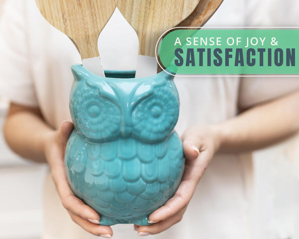 Owl Utensil Holder Decorative Ceramic Cookware Crock & Organizer, in Lovely Aqua Blue Color - Utensil Shaped Caddy and Perfect Kitchen Ceramic Decor Gift for Countertop - 5” x 7” x 4” Size – side angle – Comfify