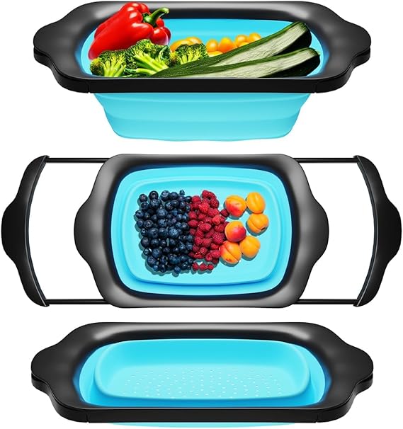 Collapsible Kitchen Colander - Over the Sink Kitchen Strainer - Blue & Grey