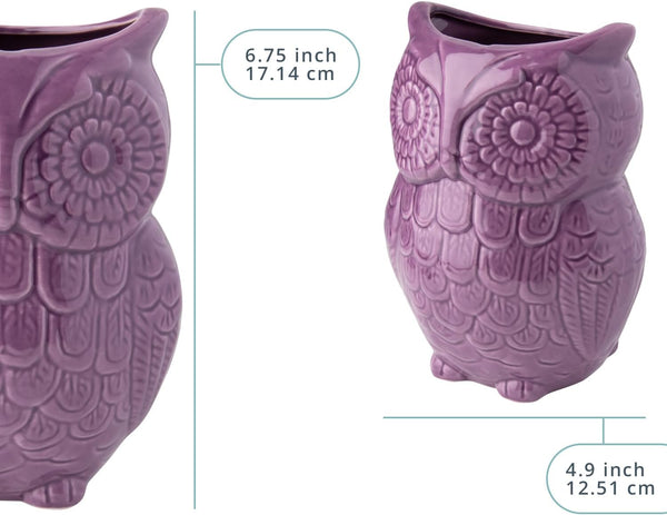 Owl Utensil Holder Decorative Ceramic Cookware Crock & Organizer, in Lovely Purple Color - Utensil Caddy and Perfect Kitchen Ceramic Decor Gift - 5” x 7” x 4” Compact & Cute – back view – Comfify