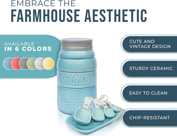 Mason Jar Kitchenware Set – Aqua Blue Ceramic Decor with 4 Measuring Cups, 4 Measuring Spoons, and Spoon Rest – lifestyle in kitchen – Comfify