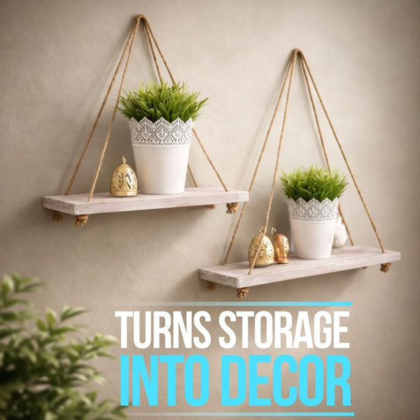 Hanging Shelves for Wall - Set of 2 – Rustic Farmhouse Boho Shelves with String – packaging view – Comfify