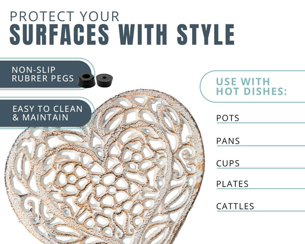 Comfify Cast Iron Heart Trivet – Decorative Rustic White Kitchen Trivet with Rubber Pegs