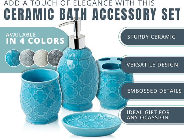 4-Piece Bathroom Accessory Set - Ceramic Bath Set with Blue Glossy Finish - Modern Vanity Accessories Including Soap Dish, Tumbler, and Toothbrush Holder – side angle – Comfify