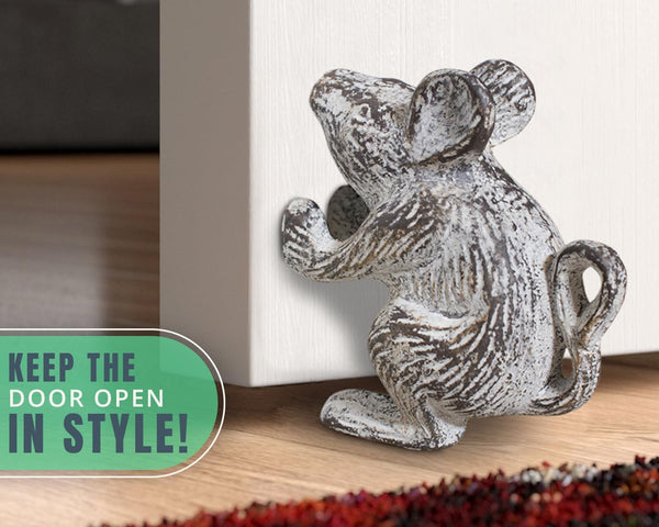 Cast Iron Mouse Door Stop – One Vintage Rustic Wedge for Bedroom, Bath, or Entry – lifestyle in bedroom – Comfify