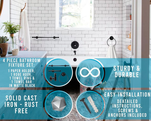 Industrial Pipe Decor Set for 4 Piece Bathroom Fixture Set: 1 Paper Holder, 1 Robe Hook, 1 Towel Ring & 1 Towel Bar in Matte Black – Farmhouse Bath Accessories/w Screws & Anchors - Square – alternate angle – Comfify