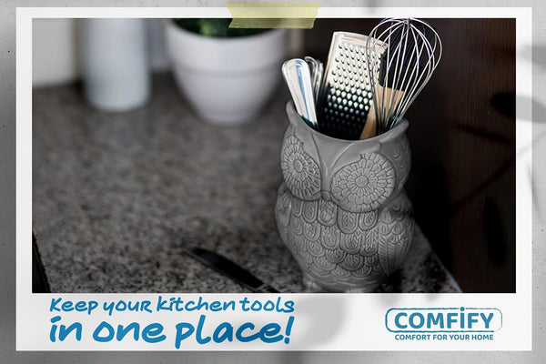 Owl Utensil Holder Decorative Ceramic Cookware Crock & Organizer, in Lovely Grey Color - Utensil Caddy and Perfect Kitchen Ceramic Decor Gift - 5" L x 7" H x 4" W – back view – Comfify