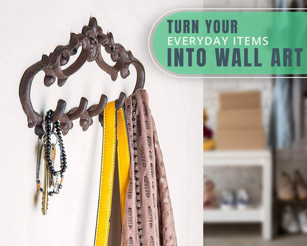 Cast Iron Wall Mounted Hanger – Vintage Design with 5 Hooks for Keys, Towels, Robes, and Clothes – lifestyle in living room – Comfify