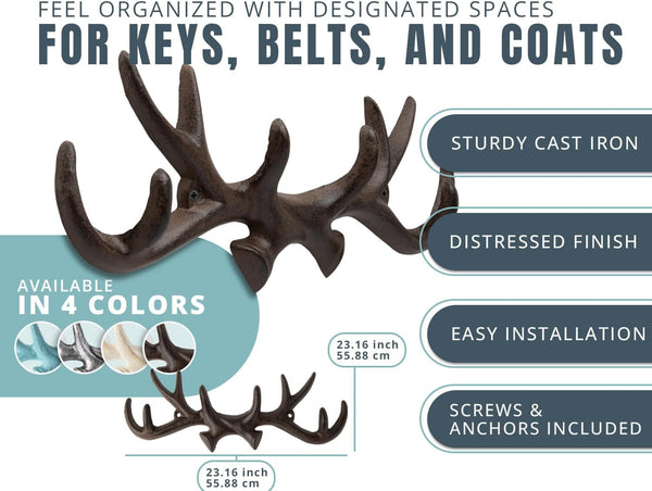 Vintage Cast Iron Deer Antlers Wall Mounted Hooks | Antique Finish Metal Clothes Hanger Rack w/Hooks for Coats, Jackets, Purses and More | Includes Screws and Anchors | Rust Brown – back view – Comfify