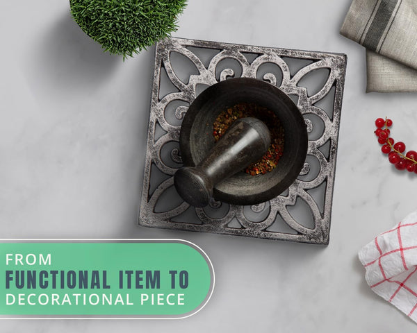Decorative Cast Iron Trivet – Square Pattern for Kitchen or Dining Table – side angle – Comfify