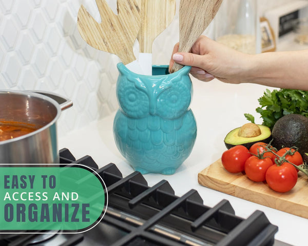 Owl Utensil Holder Decorative Ceramic Cookware Crock & Organizer, in Lovely Aqua Blue Color - Utensil Shaped Caddy and Perfect Kitchen Ceramic Decor Gift for Countertop - 5” x 7” x 4” Size – scale comparison – Comfify