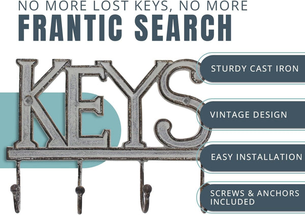Key Holder for Wall - Decorative Farmhouse Rustic Wall Mount Key Organizer with 4 Hooks - Vintage Cast Iron Key Rack with Screws and Anchors – 6x8 - White – alternate angle – Comfify