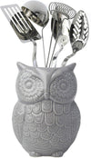 Owl Utensil Holder Decorative Ceramic Cookware Crock & Organizer, in Lovely Grey Color - Utensil Caddy and Perfect Kitchen Ceramic Decor Gift - 5" L x 7" H x 4" W – front view – Comfify