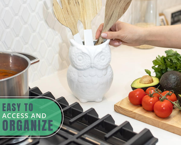 Owl Utensil Holder Decorative Ceramic Cookware Crock & Organizer, in Lovely White Color - Utensil Shaped Caddy and Perfect Kitchen Ceramic Decor Gift for Countertop - 5” x 7” x 4” Size – detail close-up – Comfify