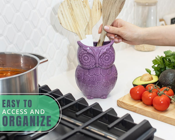 Owl Utensil Holder Decorative Ceramic Cookware Crock & Organizer, in Lovely Purple Color - Utensil Caddy and Perfect Kitchen Ceramic Decor Gift - 5” x 7” x 4” Compact & Cute – lifestyle in kitchen – Comfify