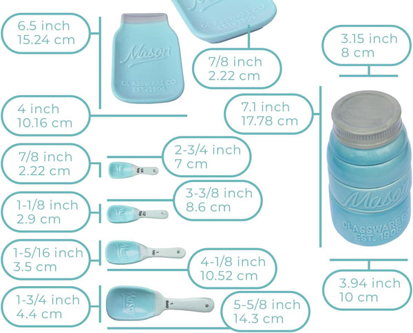 Mason Jar Kitchenware Set – Aqua Blue Ceramic Decor with 4 Measuring Cups, 4 Measuring Spoons, and Spoon Rest – side angle – Comfify