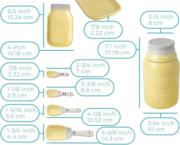 Mason Jar Kitchenware Set – Yellow Ceramic Decor with 4 Measuring Cups, 4 Measuring Spoons, Spoon Rest – back view – Comfify